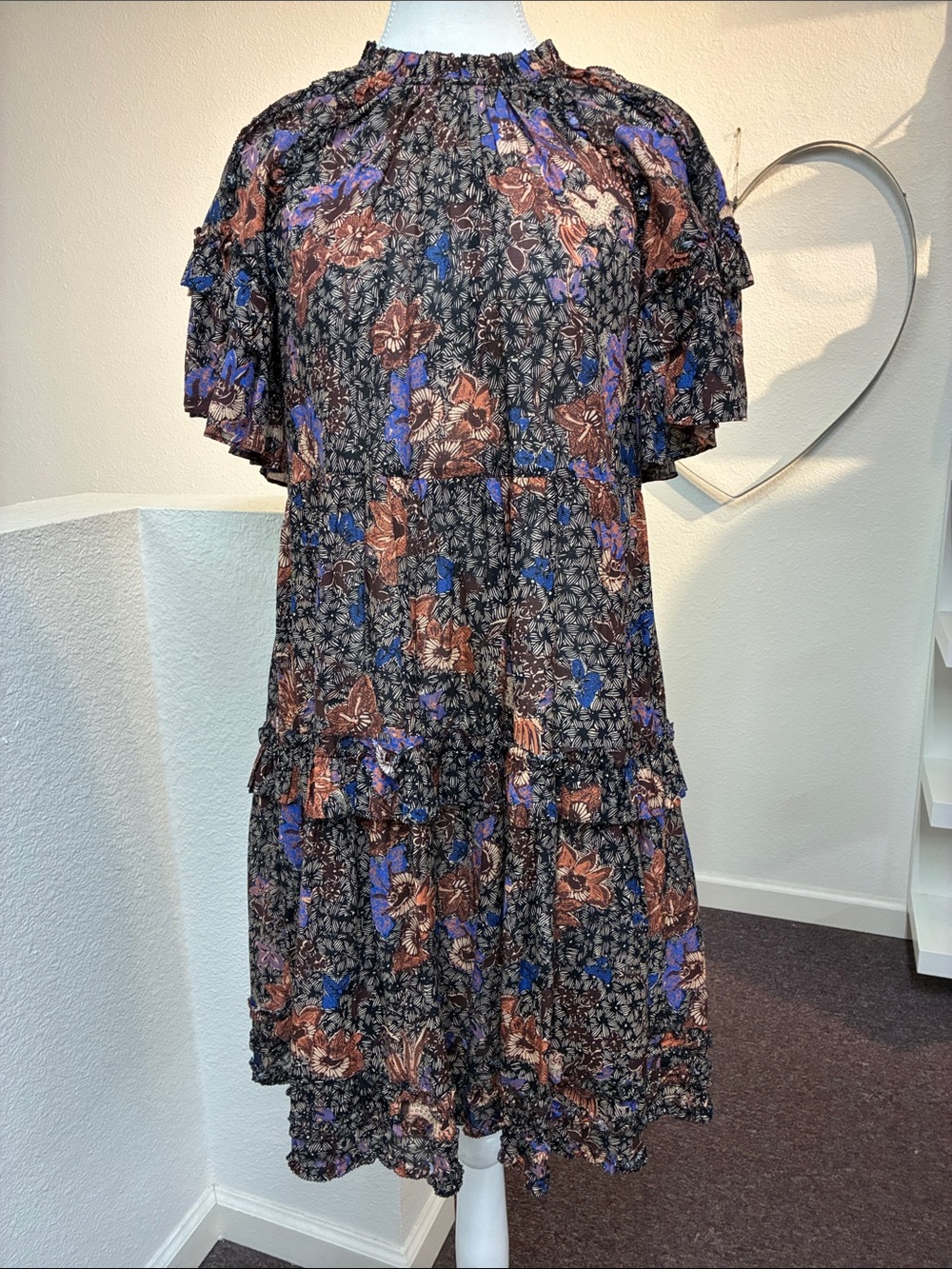 Ulla Johnson Floral Delia Mini Dress Tiered Ruffle Jet Sunburst Size 0‎
